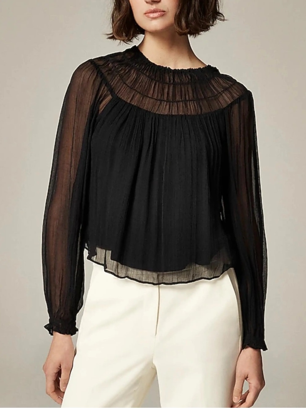 J. Crew Drapey Shirred Top in Crinkle Cupro Sheer Pleated Long Sleeve Blouse